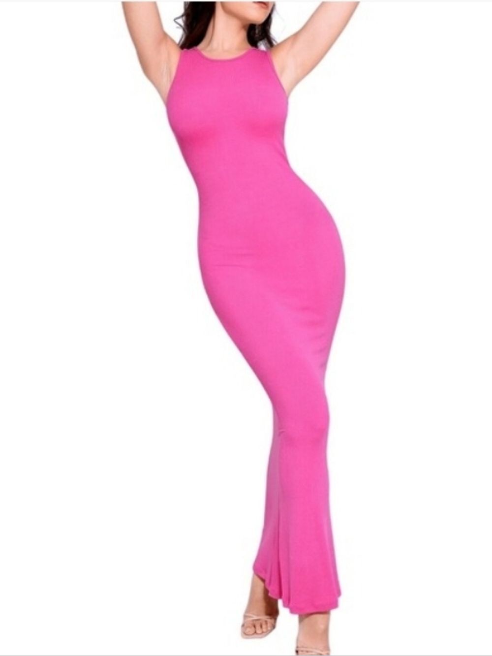 Popilush Hot Pink Ribbed Shapewear Crewneck Maxi Dress Size Medium